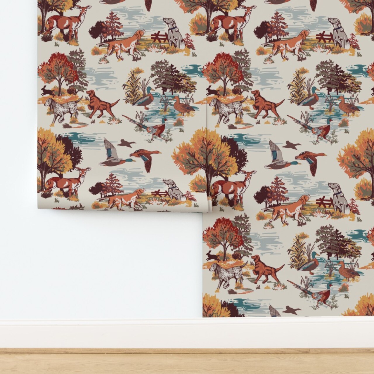 Cabincore Classic Autumn Wildlife Sporting Dogs Lodge Vintage Duck Hunt Toile Traditional Rustic Mallard Deer Autumn Fall Farmhouse Hunting Custom Removable Wallpaper by Spoonflower Peel & Stick Wallpaper 2FT Wide